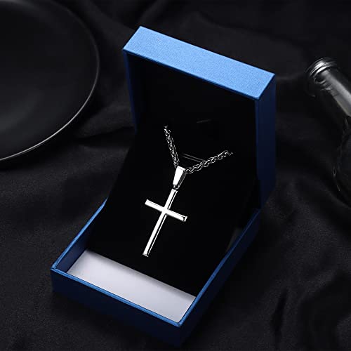 Ironbox 925 Sterling Silver Cross Necklace For Men Women With 3Mm Stainless Steel Strong Durable Wheat Chain 18K White Gold Plated Crucifix Pendant Necklace Jewelry 28 Inches #TOP5