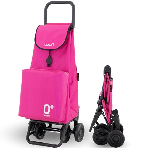 GARMOL Carro de la Compra Térmico Plegable 55 Litros | Bolsillo Térmico Interior de 11 Litros | Carro de la Compra 4 Ruedas Gran Capacidad Abatible| Carrito Compra Plegable Color Fucsia