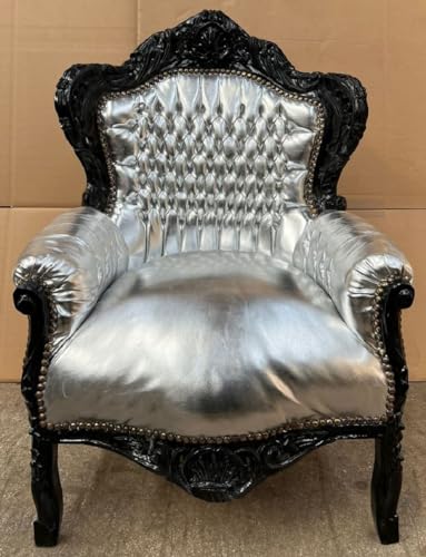 Casa Padrino Fauteuil Baroque Argent/Noir - Fauteuil de Salon en Bois Massif Fait Main avec Cuir...