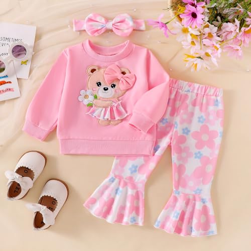 Image of Baby Girl Clothes Fall Winter Long Sleeve Bear Cartoon Sweatshirt Flare Pants Bow Headband Set 6 Months-4 Years Old