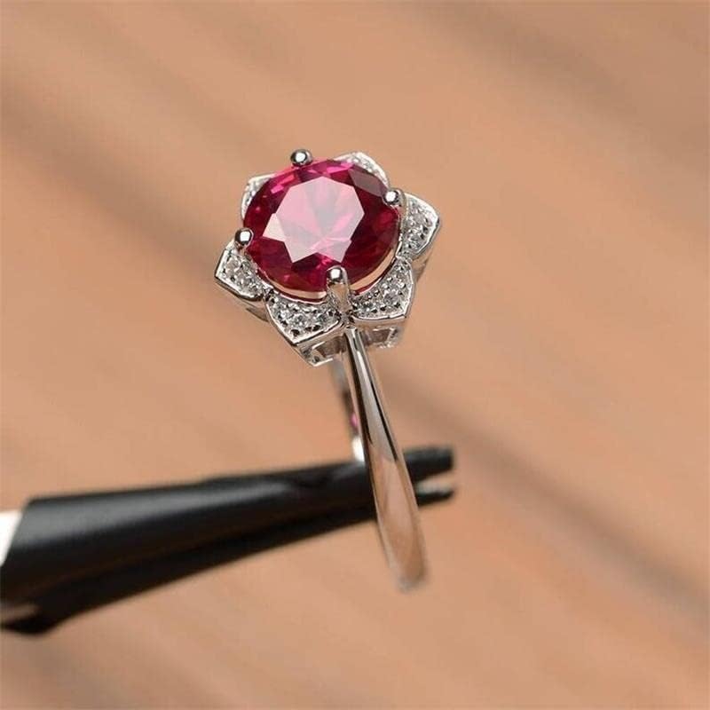 QUSIIOSLK Round Cut Ruby CZ Diamond Lotus Flower Ring 925 Sterling Silver Red Gemstone Ring with AAA Cubic Zirconia Yoga High Polish Wedding Band Ring Jewelry for Women 9 - Image 3