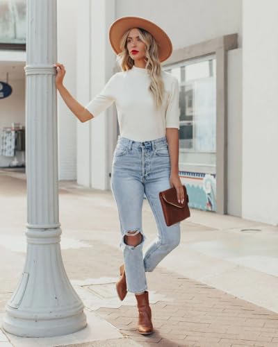 Image of Short Sleeve Mock Neck Turtleneck Sweater Tops Knit T Shirts Capsule Wardrobe Essentials
