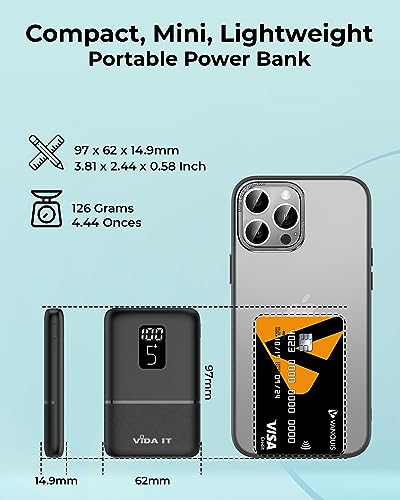 Small 5V 2A Battery Pack for Heated Vest Gilet, USB Battery Pack for Heated Jacket Clothing Scarf 5000mAh Compact Power Bank, Portable Phone Charger for iPhone Google Pixel Smartphone LED Display USBC