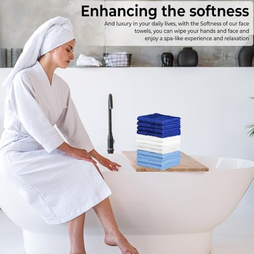 Image of QUBA LINEN 100% Cotton Washcloth Set - Soft, Absorbent Face Towels for Bathroom & Gym Use - Durable & Reusable Wash Cloths - (Blue, White and Navy (12x12), (Pack of 12)
