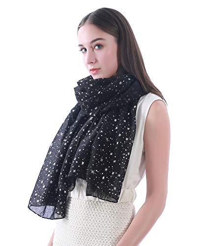 Silver Gold Glitter Shimmer Sparkle Foil Star Print Women's Scarf Shawl Wrap Lightweight2