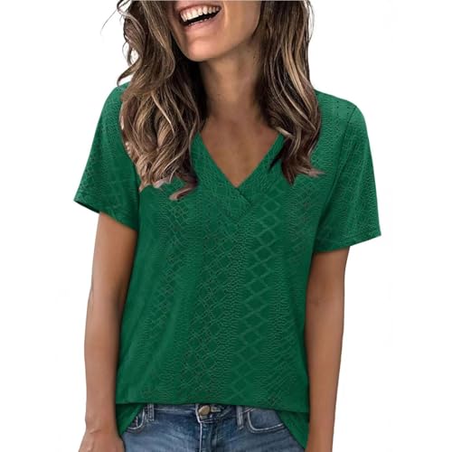V Neck T Shirts for Women Short Sleeve Eyelet Embroidery Summer Tops and Blouses Dressy Casual Beach Vacation Clothes Dark Green