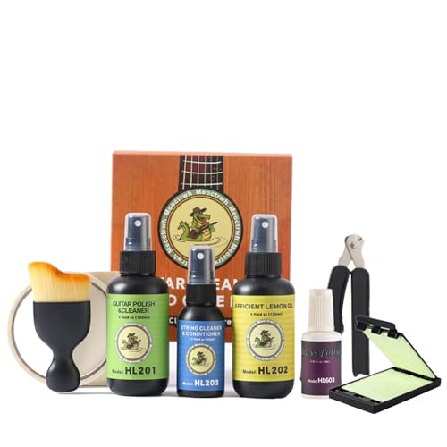 Meoctrwh Guitar Cleaning Kit, Fretboard Lemon Oil, Polish and Cleaner, Guitar String Cleaner, Fret Polish, String Winder, Clean Fretboard & String Cloth Tool, Cleaning Brush & Cleaning Cloth