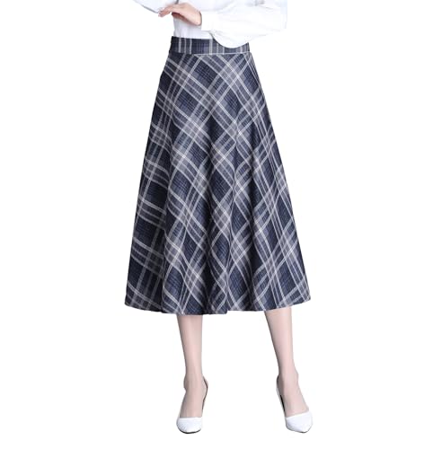 Women's Winter High Waist Plaid Long Skirt Slim A-line Elegant Midi Skirt with Pocket