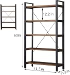 WH-AOERPUMY 5 Tier Bookcase, Solid Wood Bookshelf Rustic Vintage Industrial Etagere Bookcase, Metal and Wood Free Vintage Bookshelf, Retro Brown (5-Tiers)