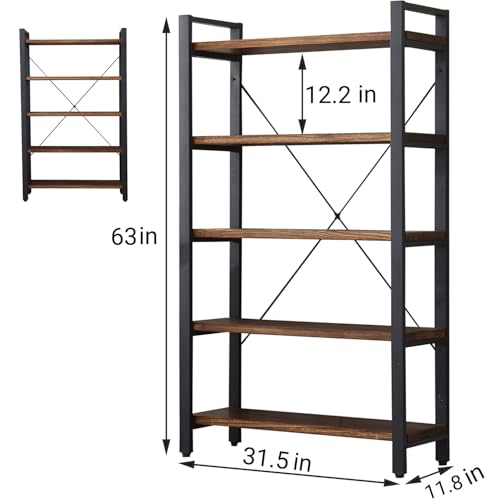 WH-AOERPUMY 5 Tier Bookcase, Solid Wood Bookshelf Rustic Vintage Industrial Etagere Bookcase, Metal and Wood Free Vintage Bookshelf, Retro Brown (5-Tiers) by WH-AOERPUMY - Image 3