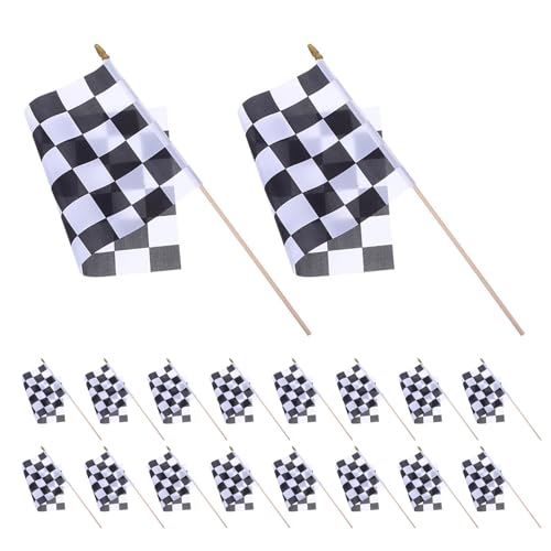 Drapeaux de départ à damier noir et blanc 24 pcs avec mât bois 40 cm pour sport