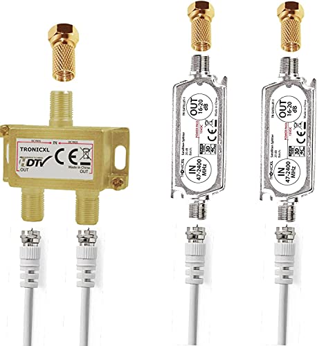 TronicXL Répartiteur d'antenne 2 Voies Haut de Gamme avec amplificateur Satellite numérique HD pour TV Satellite, DVBT DVBS Unicable 3D 4K HDTV I Répartiteur Souple pour 2 téléviseurs