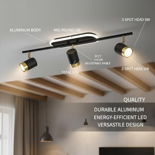 Image of 3-Light LED Ceiling Spotlight | Black & Gold Adjustable Spot Light | 3CCT Warm /Natural /Cool White | Rotating Heads Ceiling Light for Living Room, Bedroom, Hallway & Office (Pack of 1)