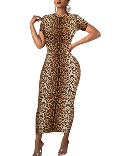 Image of Women's Long Bodycon Dresses Leopard Print Casual Maxi Club Party Tight Dress Short Sleeve