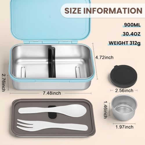 Image of JSLOVE Stainless Steel Lunch Bento Box for Adult, 30oz Leak-Proof Lunch Container, Stainless Metal Kid Bento Box with Adjustable Divider, Sauce Container, Microwave, Dishwasher & Freezer Safe(Blue)