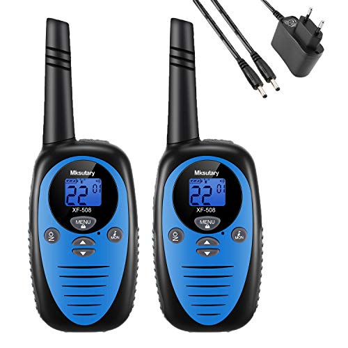 Mksutary Walkie Talkie Recargable, 2 x Walkie Talkie Niños Juguetes 8 Canales PMR 446MHz Larga Distancia 3 KM VOX Auto Escanear con Cargador Azul