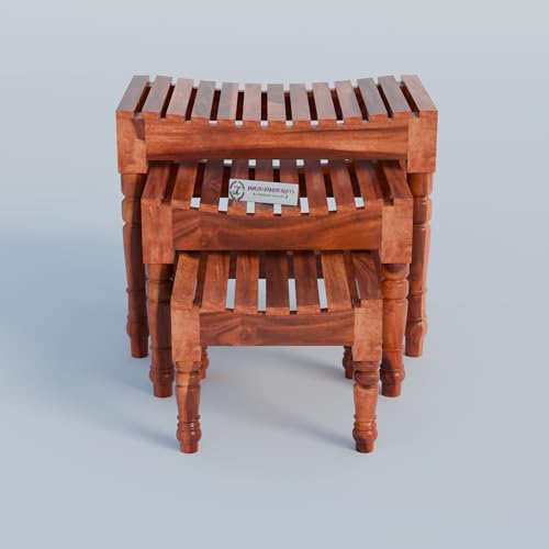 Image of Jangid Handicraft Solid Sheesham Wood Nesting Table for Living Room | Wooden Nesting Tables Set of 3 with Design Legs for Decor | Side Table Set & Stool Furniture for Office & Garden | Honey Finish