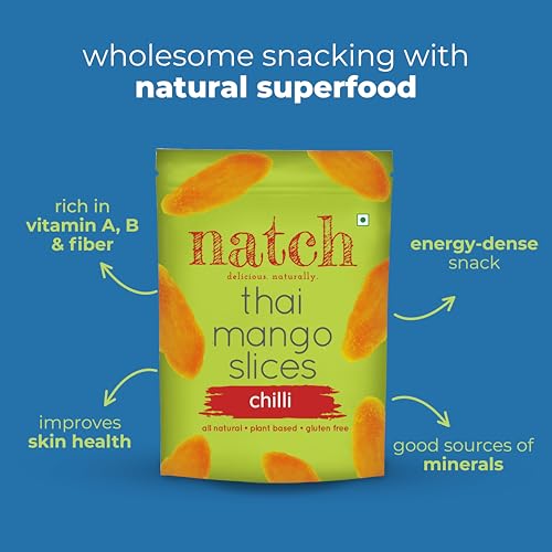Image of Natch Dried Thai Mango Slices, Healthy Snakcs Vegan & Gluten Free, 100% Natural Fruit, No Artificial Preservatives, Healthy Fruit Snacks for Adults & Kids, Real Mango Candy, 150g each (Pack of 3), Chilli Flavour