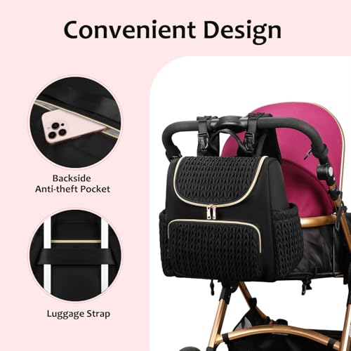 Image of LORADI Diaper Bag Backpack, Baby Shower Gifts, Black | Stroller Clips, Insulated Pockets, Water-resistant, Easy to Clean, Durable