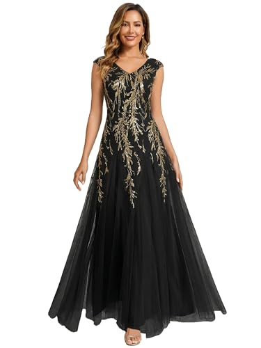 Ever-Pretty Robe de Soirée Chic Col en V Manches Courtes Paillette Maxi Robe évasée Or Noir 36