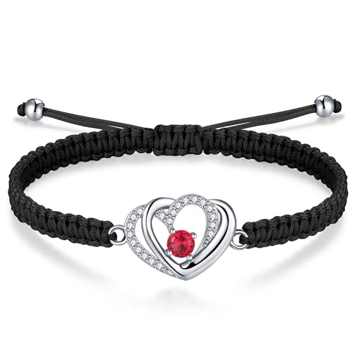 J.Endéar womens+clearance+sale,prime+deals+today+clearance,Double Heart Bracelet Women Gift, Silver 925 Jewelry Red Cubic Zirconia for Girls Handmade Braided Cord Adjustable Black
