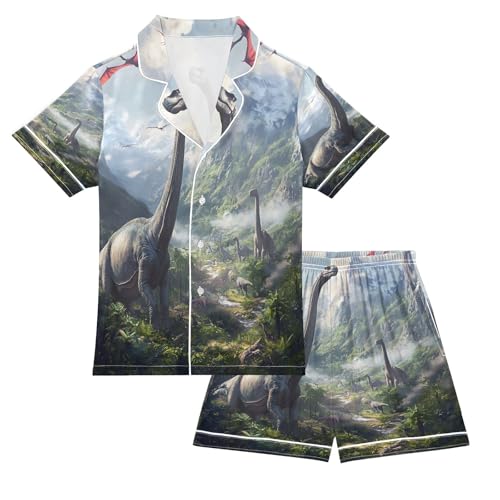 ALAZA Fly Animal Dinosaur Tree Satin Pajamas Set Short Sleeve Button Down Sleepwear Summer Pjs 2 Piece