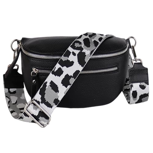 MIRROSI® Damen Bauchtasche Umhängetasche 27x14,5x8cm Damen, Made in Italy, aus Echtleder Tasche Echtes Leder, Brusttasche, Crossbody Bag,Bohemian Style (1 Tasche 2 Gurte) (Schwarz Leo Grau)