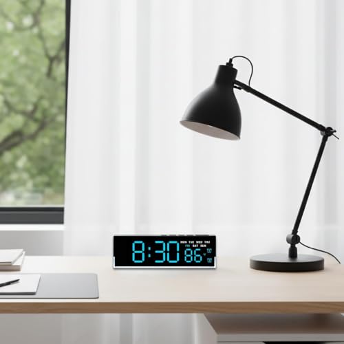Image of DRUCILA 7-Inch LED Digital Alarm Clock with Bottom Glow Light|Displays Time, Date, Day, Temperature|Dual Alarms, DST, Manual 3-Level Brightness, USB Powered Desk Clock,Blue fornt and White case Cover