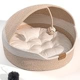 CHEERPALS Cat Basket Bed for Indoor Cats, Covered Pet Bed with Washable Cushion and Ball Rope Cotton Bed for Medium and Large Cat, All Season Universal(White)