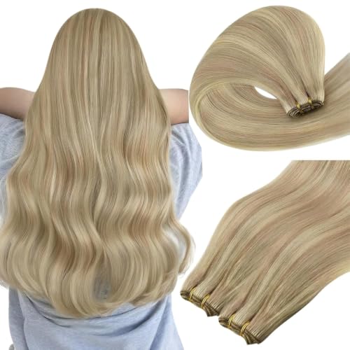 Image of Easyouth Sew in Hair Extensions Highlight, Weft Hair Extensions Human Hair Highlight, 12 Inch 70G, Golden Blonde Highlight Medium Blonde, Double Weft Hair Extension, for Short Straight Hair