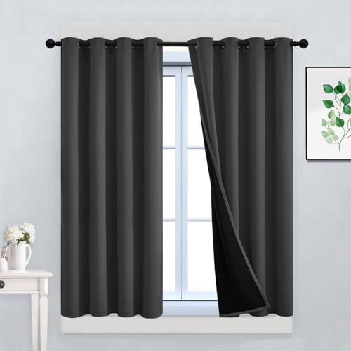 Image of Yakamok Charcoal Grey 100% Blackout Curtains 45 Inches Long 52 inch Wide 2 PCS | Blackout Curtain Panels for Bedroom, 2 Thick Layers Grommet Top Thermal Insulated Drapes with Black Liner for Living Room