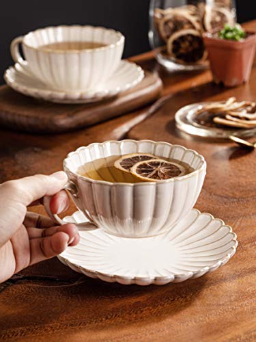CwlwGO-Tea Cup with Saucer for Latte, Cappuccino Tea, (7 Oz), British Coffee Cups, Porcelain Tea Set,Reactive Glaze (two pack White)
