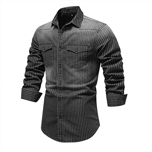 DGHM-JLMY Men's Washed Old Striped Denim Shirts Regular-Fit Long-Sleeve Denim Shirt Casual Denim Button Down Shirt2