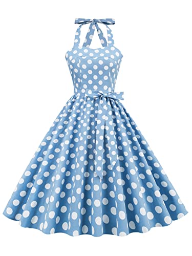 Efloorcoration Halter Neck Pin Up Polka DOT Corsetto Vestito da Sera Partito Sexy Robes Donne Blu Fit e Flare Abiti Vintage