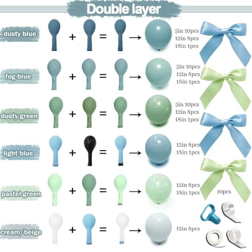 Image of Dusty Blue Sage Green Balloon Arch Kit, Double Stuffed Pastel Light Green Fog Blue White Cream Balloon Garland With Bows for Baby Shower Bridal Wedding Birthday Gender Reveal Silly Goose Party Decor