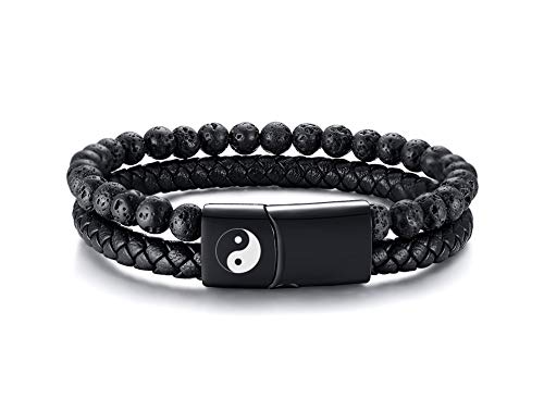 MEALGUET Men's Lava Rock Bead Bracelet Healing Balancing Braided Leather Bracelets with Magnetic Clasp, Taiji Yinyang Bracelets,8.4"