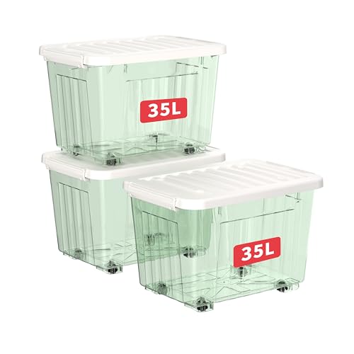 Cetomo 35L*3 Scatole di Stoccaggio con Coperchi, Contenitori in Plastica con Ruote, Clip On, Impilabili, Incastonabili, Organizzatore a Righe per Casa Ufficio, Verde Chiaro, 35L-3 Pezzi