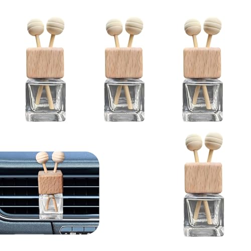 Zehiony 4 PCS Car Vent Diffuser Clips, Refillable Empty Glass Bottles with Natural Wood Cap & Stick, Anti-shake Decorative Air Outlet Holder, Interior Accessory for Most Cars (Transparent)