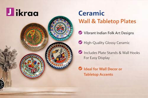 Image of Indian Madhubani Folk Art Ceramic Decorative Designer Wall Plates | Traditional Wall Hanging for Home & Office Decor (Set of 4 Plates - 2 x 10 Inch, 2 x 8 Inch)