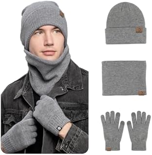 MARUKO 3 Pcs Men's Beanie Hat Scarf and Touch Screen Gloves Set Winter Thermal Elastic Thicken Warm Fleece Inner Lining Knit Beanie Cap Winter Men's Accessories