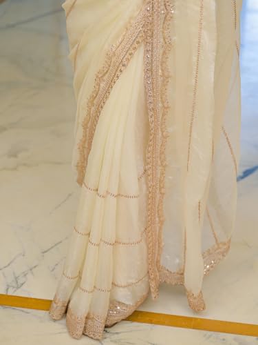 Image of Satrani Women's Shimmer Chiffon Scalloped Border Sequins Embroidery Saree with Unstitched Blouse Piece