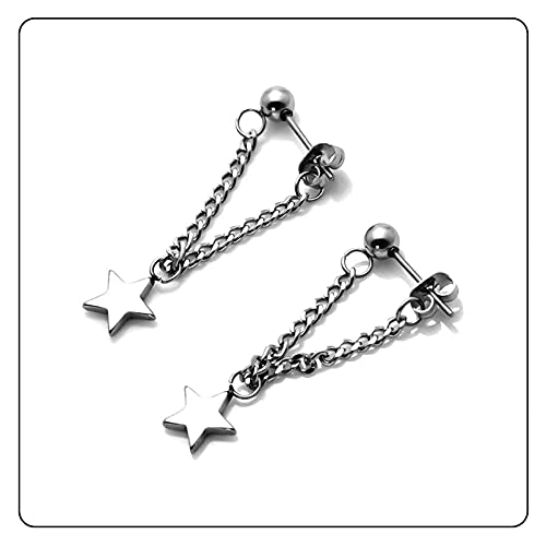 Fusamk Punk Rock Stainless Steel Star Stud Earrings Chain Dangling Drop Earrings #TOP3