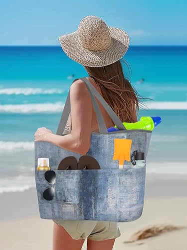 Mesh Beach Bag Oversized Tote Bags for Women Blue Gradient Oil Painting Art Large Travel Pool Bags with 8 Pockets3
