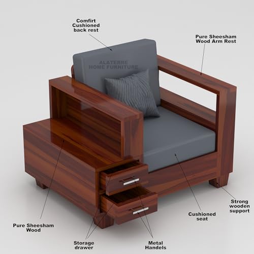 Image of Sheesham Wooden 1 Seater Sofa Set for Living Room | Solid Wood Sofa with Side Box Storage & Cushion | Rosewood Sofa Set for Home & Office | Lounge (Honey, 1 Seater)