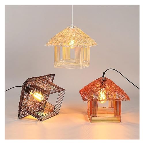 Lámpara de techo de mimbre artesanal con cable ajustable y toma E27 para iluminación de interior 5