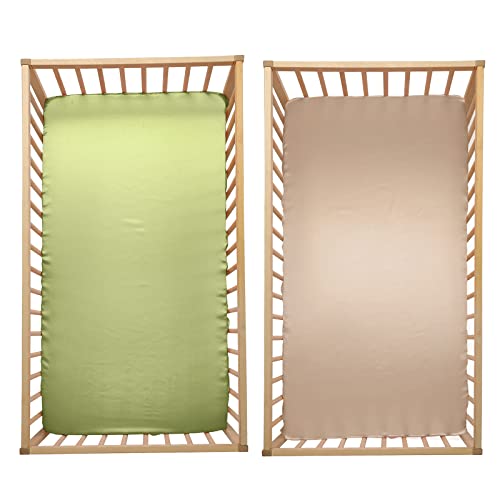 Image of SiinvdaBZX 2 Pcs Satin Mini Crib Sheets 38 x 24In, Beige & Sage Green | Silk-Like Soft Mini Portable Crib Sheets Mattress Cover Portable Playard Sheets with 5In Deep Pocket, Great for Baby Hair