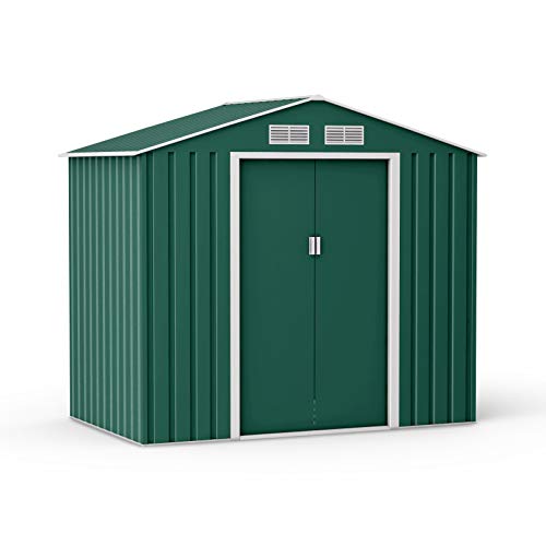 BillyOh Ranger Apex 7x4 Shed, Dark Green - Galvanised Steel Garden Storage Box for Tools & Bike with Vents, Foundation Kit - Lockable 2 Door Metal Shed for Outdoor Storage Cabinet Solution