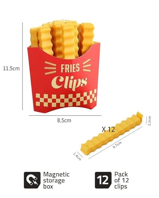 Chip Clips 12 Pack Plastic Food Clip & Cute Refrigerator Magnets Curved Design Sealing French Fries Bag Clips for Food Storage, Kitchen and Home Decor (3.8in x12pcs) (12 PACK)