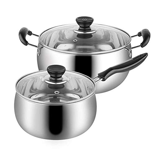 ifgswopq Juego de ollas de 2 piezas, juego de utensilios de cocina, con tapa de vidrio templado, mango cómodo, olla de sopa de acero inoxidable, apto para cocina de inducción de gas, sartén profunda