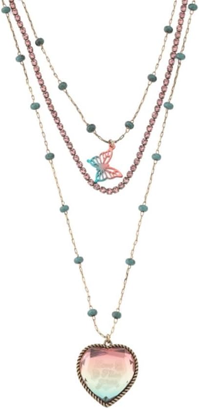 Betsey Johnson Collar en capas, colgante de mariposa y corazón, abalorio de turquesa, 15 pulgadas con extensor de 3 pulgadas, Una talla, Metal, Sin piedra preciosa